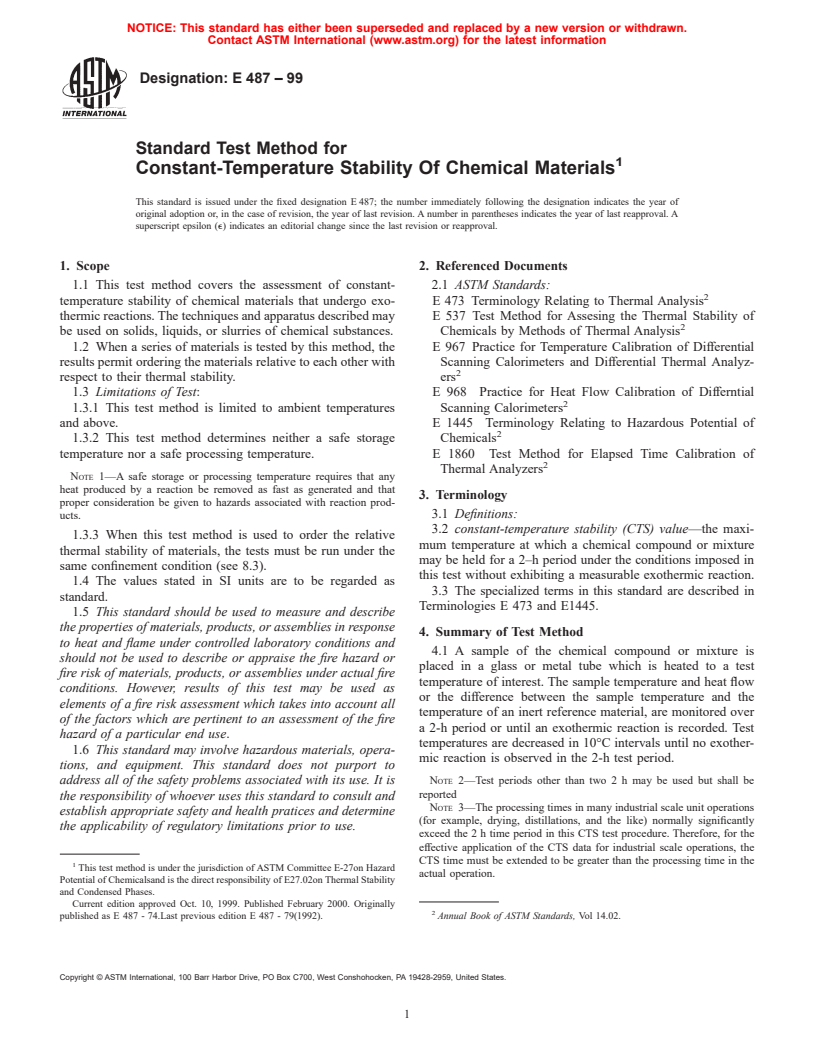 ASTM E487-99 - Standard Test Method for Constant-Temperature Stability Of Chemical Materials