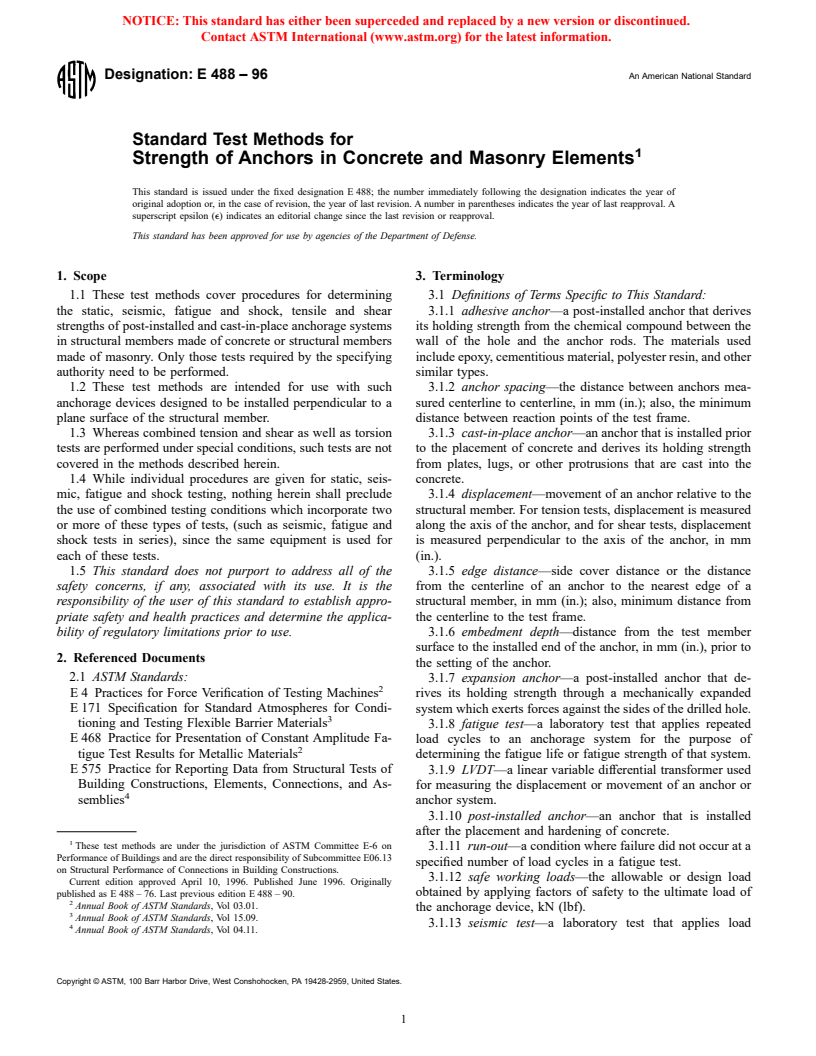 ASTM E488-96 - Standard Test Methods for Strength of Anchors in Concrete and Masonry Elements