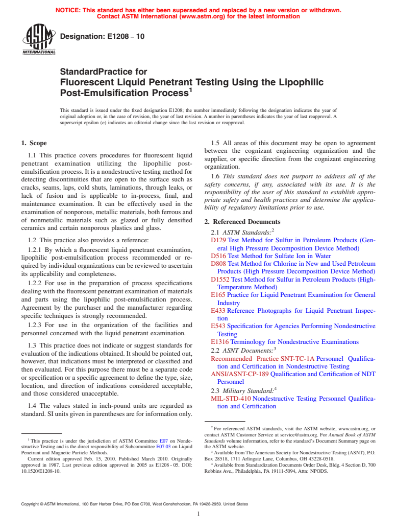 ASTM E1208-10 - Standard Practice for Fluorescent Liquid Penetrant Testing Using the Lipophilic Post-Emulsification Process