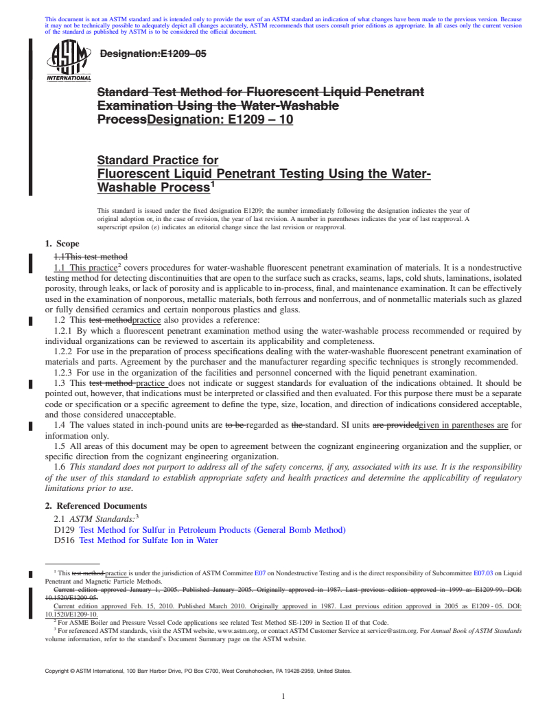 REDLINE ASTM E1209-10 - Standard Practice for Fluorescent Liquid Penetrant Testing Using the Water-Washable Process