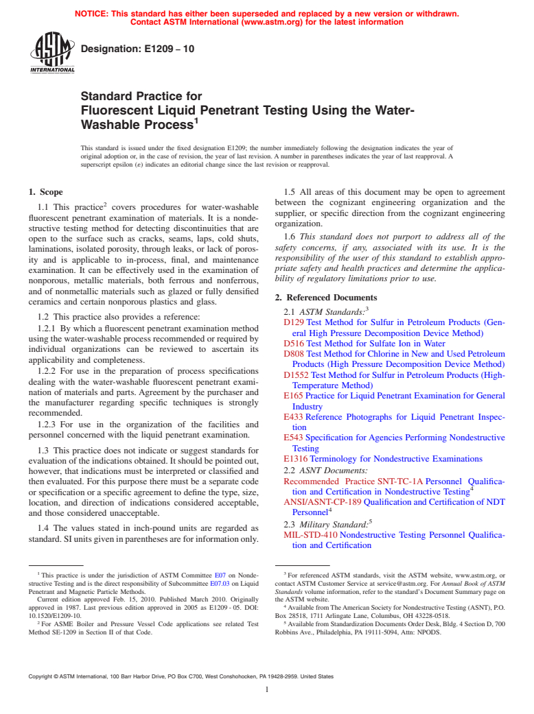 ASTM E1209-10 - Standard Practice for Fluorescent Liquid Penetrant Testing Using the Water-Washable Process