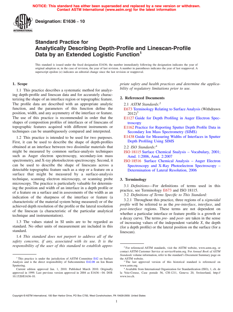 ASTM E1636-10 - Standard Practice for  Analytically Describing Depth-Profile and Linescan-Profile  Data by an Extended Logistic Function (Withdrawn 2019)