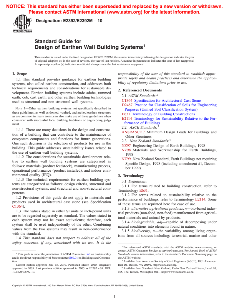 ASTM E2392/E2392M-10 - Standard Guide for Design of Earthen Wall Building Systems