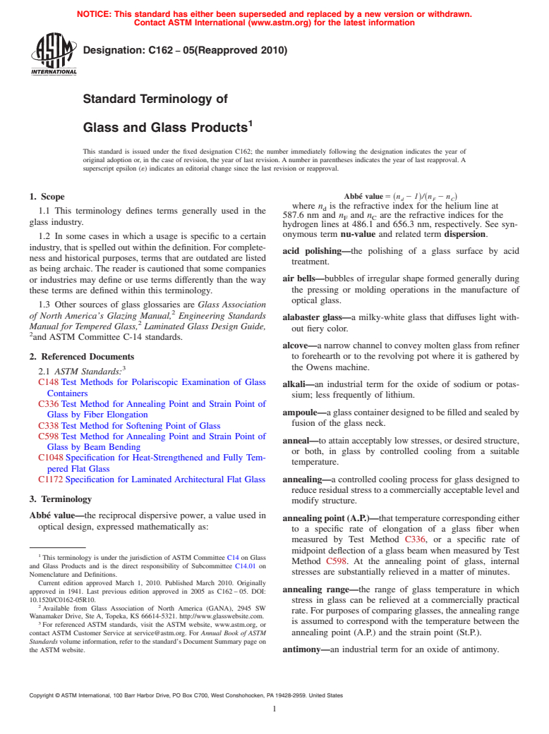 ASTM C162-05(2010) - Standard Terminology of Glass and Glass Products