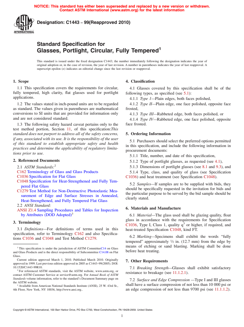 ASTM C1443-99(2010) - Standard Specification for Glasses, Portlight, Circular, Fully Tempered