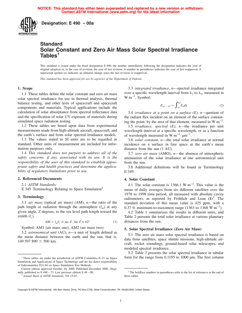 ASTM E490-00a - Standard Solar Constant and Zero Air Mass Solar Spectral Irradiance Tables