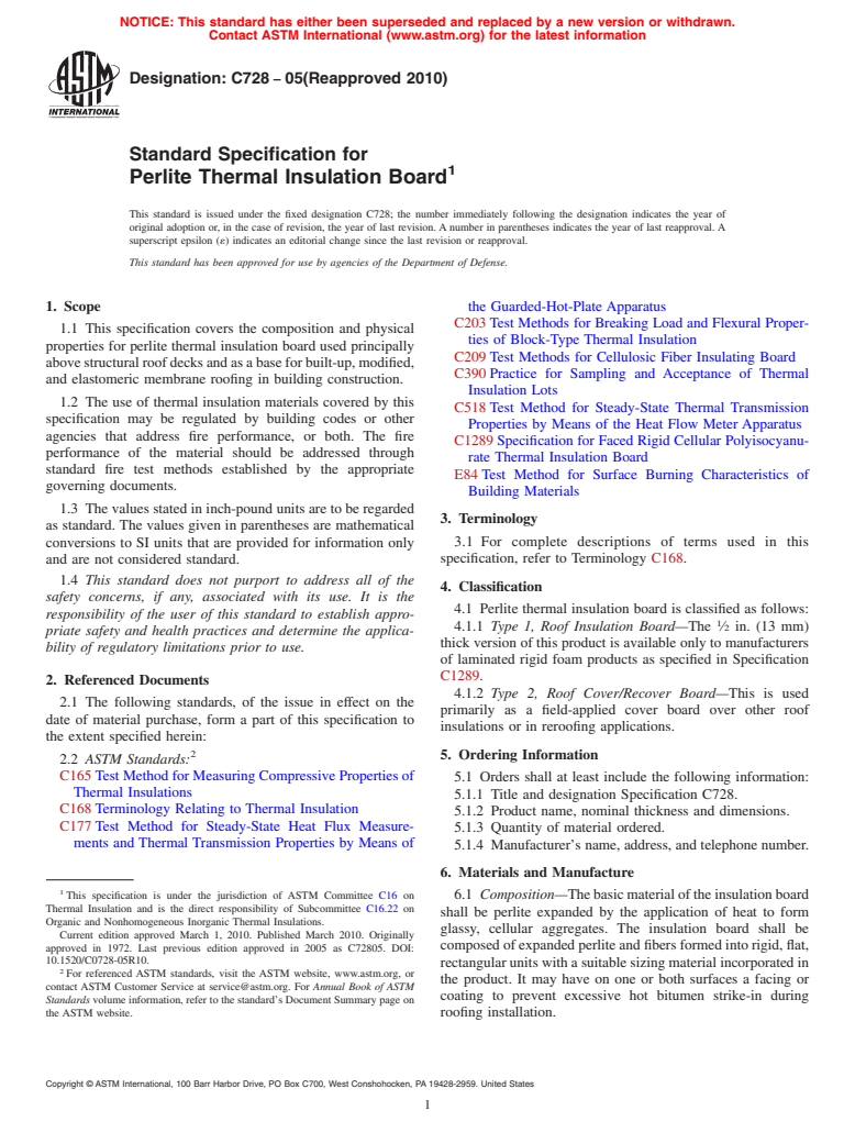 ASTM C728-05(2010) - Standard Specification for Perlite Thermal Insulation Board