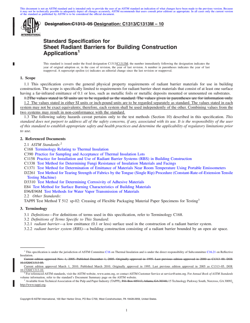 REDLINE ASTM C1313/C1313M-10 - Standard Specification for Sheet Radiant Barriers for Building Construction Applications