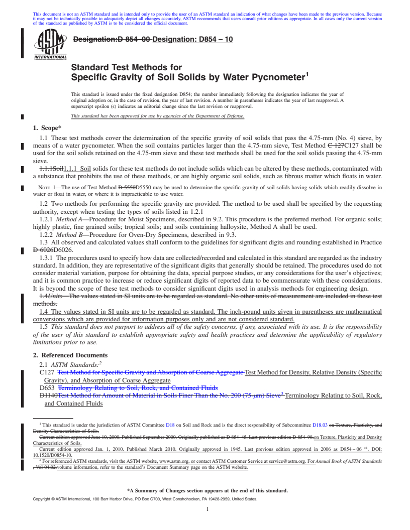 REDLINE ASTM D854-10 - Standard Test Methods for Specific Gravity of Soil Solids by Water Pycnometer