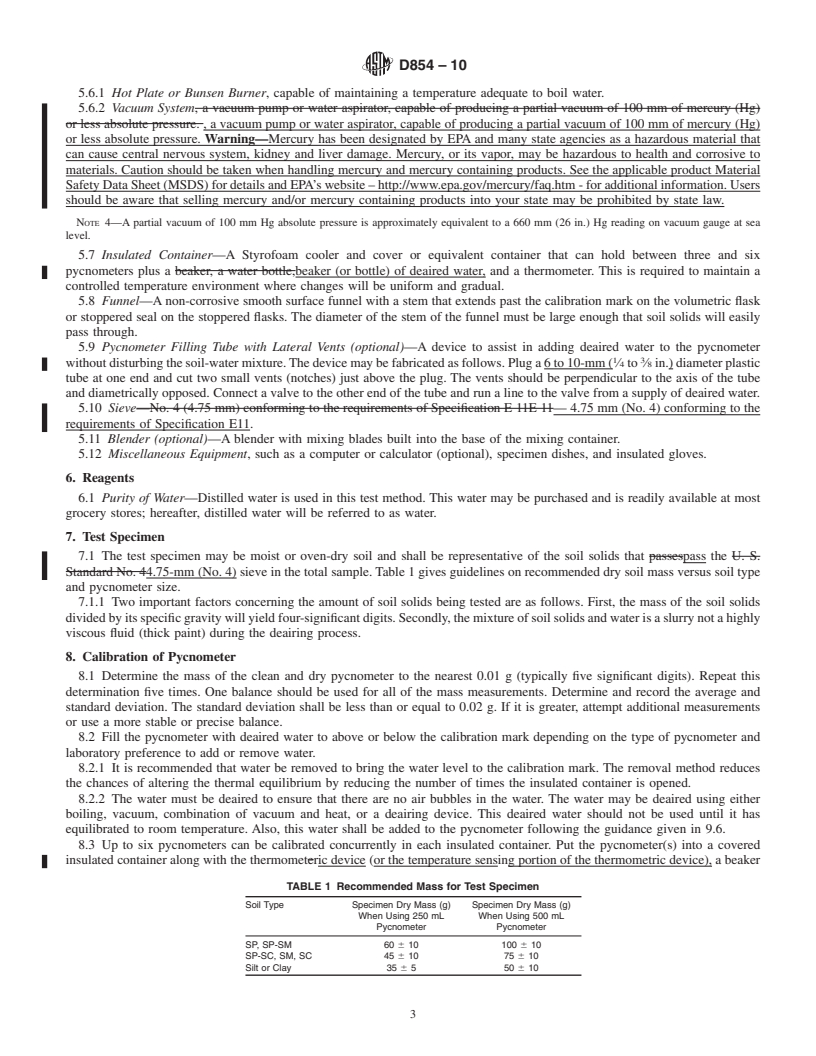 REDLINE ASTM D854-10 - Standard Test Methods for Specific Gravity of Soil Solids by Water Pycnometer