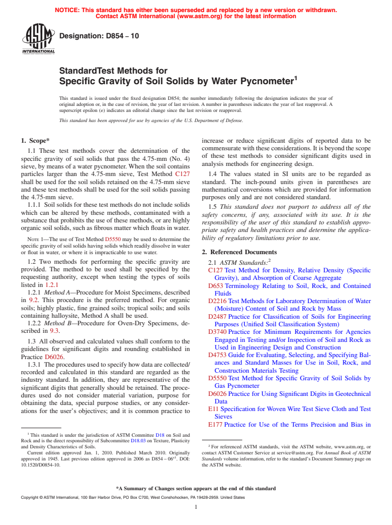 ASTM D854-10 - Standard Test Methods for Specific Gravity of Soil Solids by Water Pycnometer