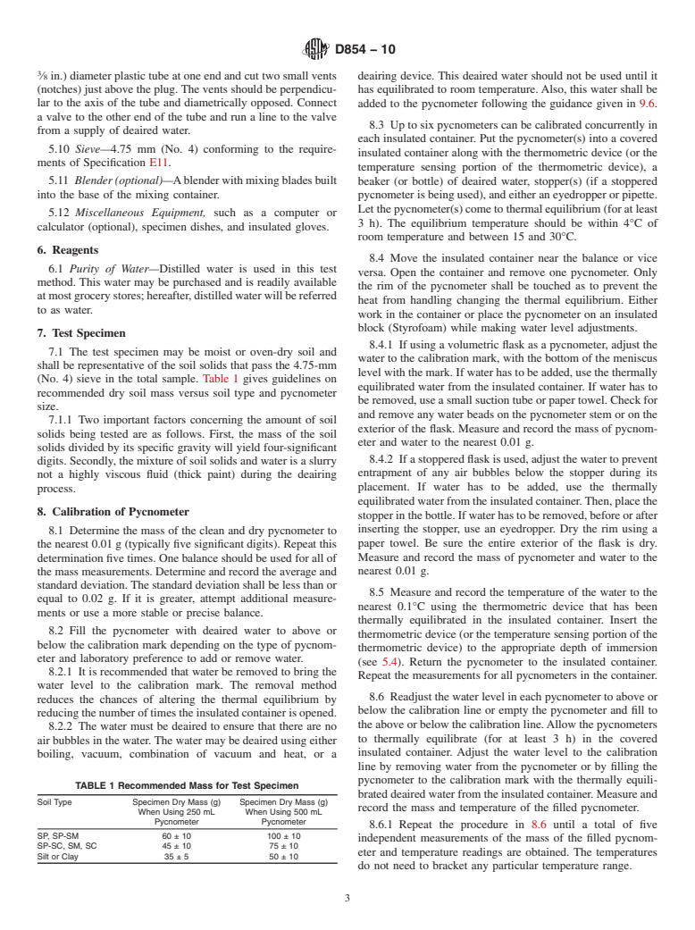 ASTM D854-10 - Standard Test Methods for Specific Gravity of Soil Solids by Water Pycnometer