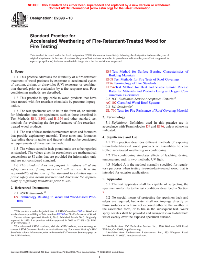 ASTM D2898-10 - Standard Practice for Accelerated Weathering of Fire-Retardant-Treated Wood for Fire Testing
