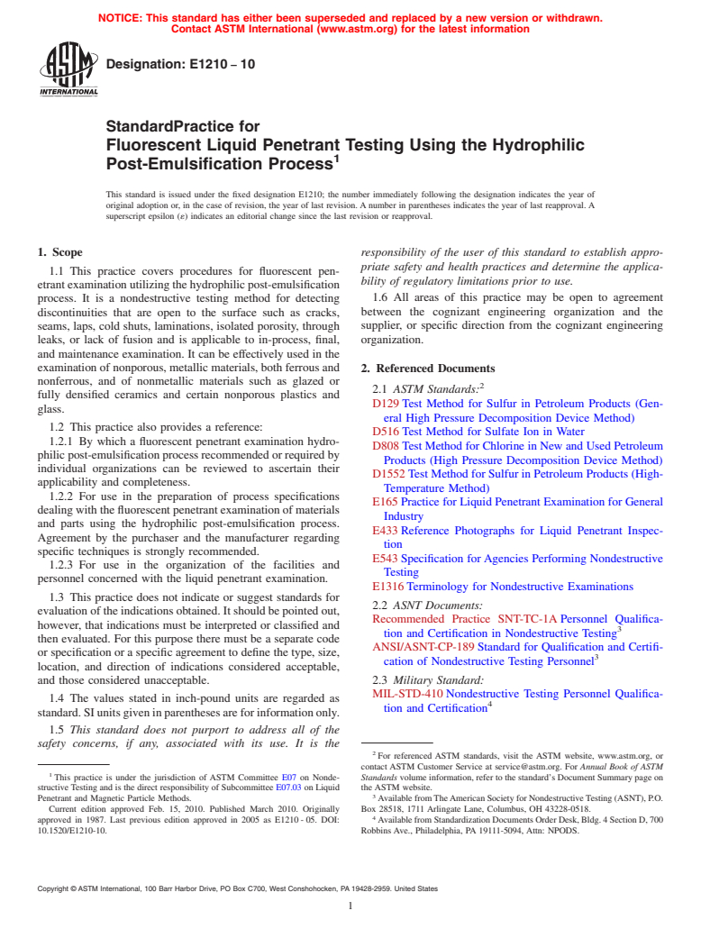 ASTM E1210-10 - Standard Practice for Fluorescent Liquid Penetrant Testing Using the Hydrophilic Post-Emulsification Process