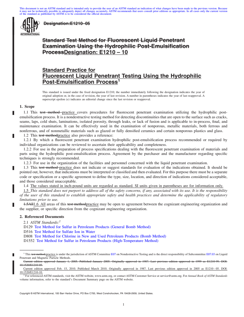 REDLINE ASTM E1210-10 - Standard Practice for Fluorescent Liquid Penetrant Testing Using the Hydrophilic Post-Emulsification Process