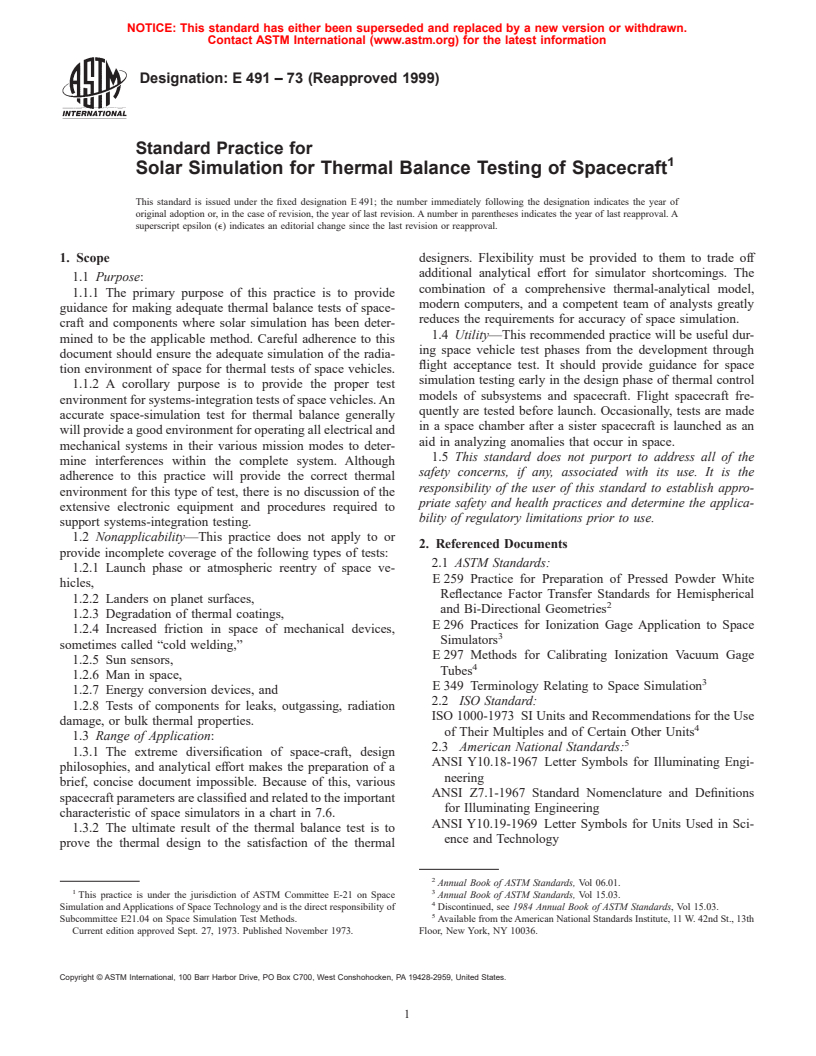 ASTM E491-73(1999) - Standard Practice for Solar Simulation for Thermal Balance Testing of Spacecraft