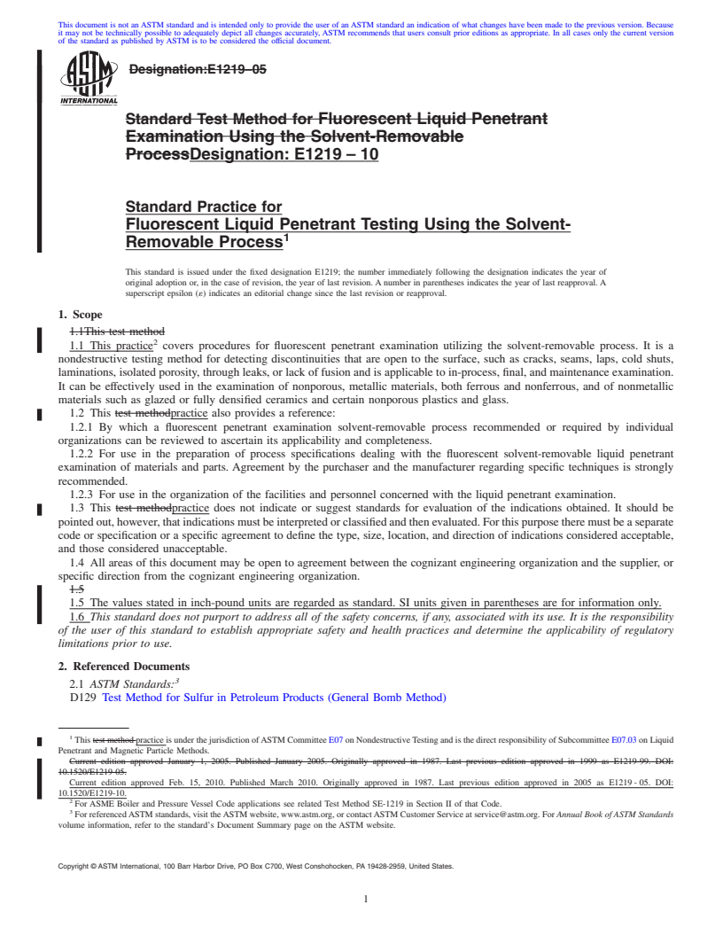 REDLINE ASTM E1219-10 - Standard Practice for Fluorescent Liquid Penetrant Testing Using the Solvent-Removable Process