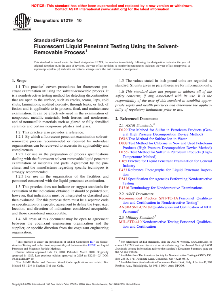 ASTM E1219-10 - Standard Practice for Fluorescent Liquid Penetrant Testing Using the Solvent-Removable Process