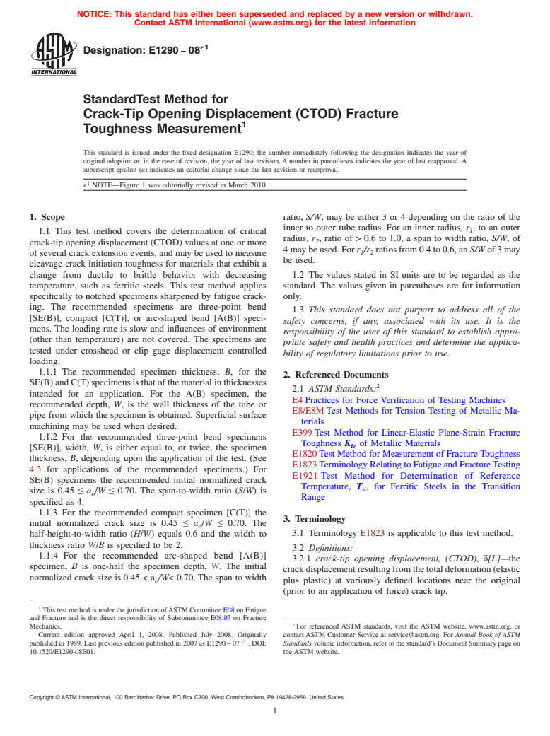 ASTM E1290-08e1 - Standard Test Method for Crack-Tip Opening Displacement (CTOD) Fracture Toughness Measurement (Withdrawn 2013)