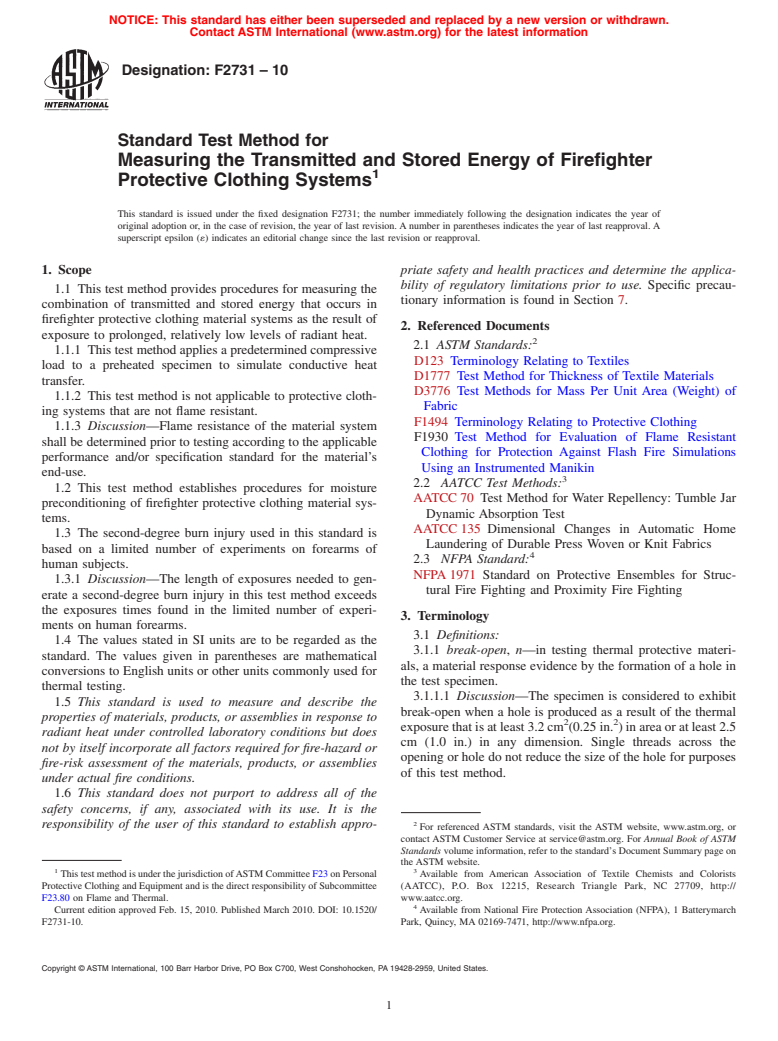 ASTM F2731-10 - Standard Test Method for Measuring the Transmitted and Stored Energy of Firefighter Protective Clothing Systems