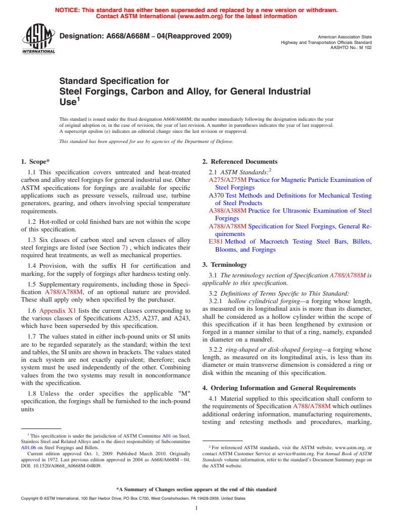 ASTM A668/A668M-04(2009) - Standard Specification for Steel Forgings, Carbon and Alloy, for General Industrial Use