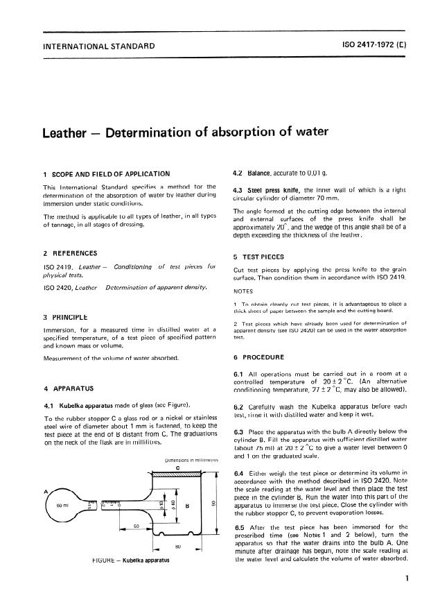 ISO 2417:1972 - Leather -- Determination of absorption of water