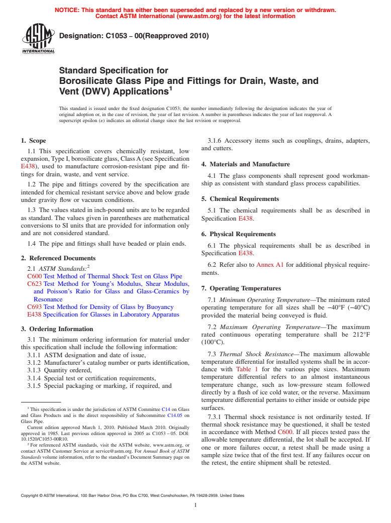 ASTM C1053-00(2010) - Standard Specification for Borosilicate Glass Pipe and Fittings for Drain, Waste, and Vent (DWV) Applications