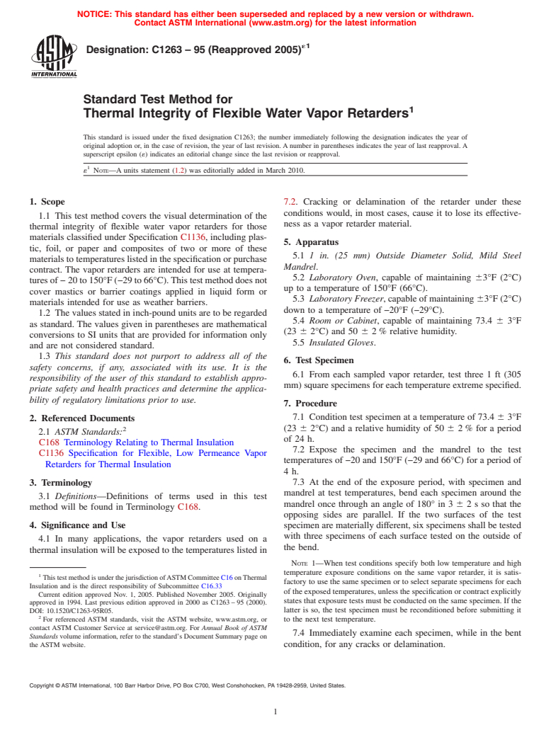 ASTM C1263-95(2005)e1 - Standard Test Method for Thermal Integrity of Flexible Water Vapor Retarders