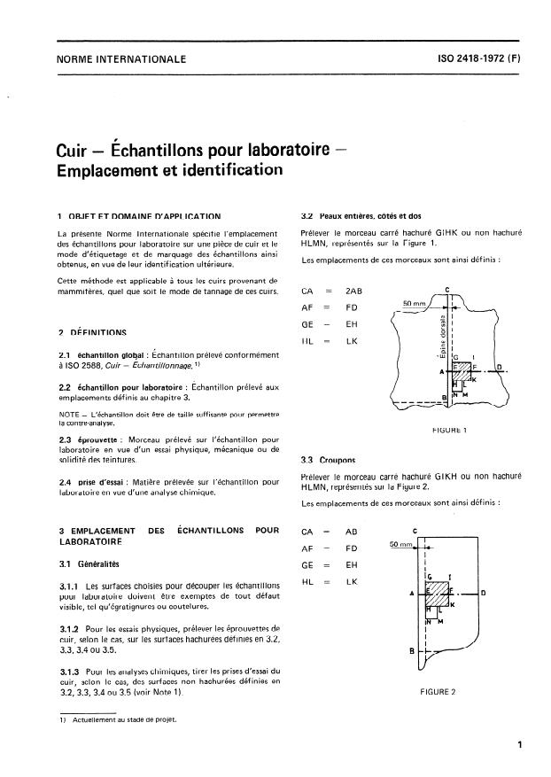 ISO 2418:1972 - Cuir -- Échantillons pour laboratoire -- Emplacement et identification