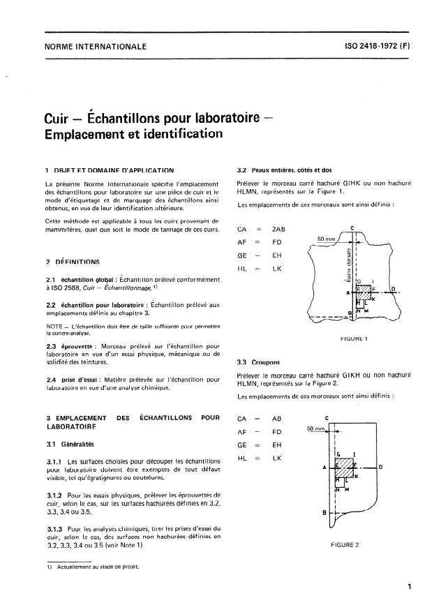 ISO 2418:1972 - Cuir -- Échantillons pour laboratoire -- Emplacement et identification