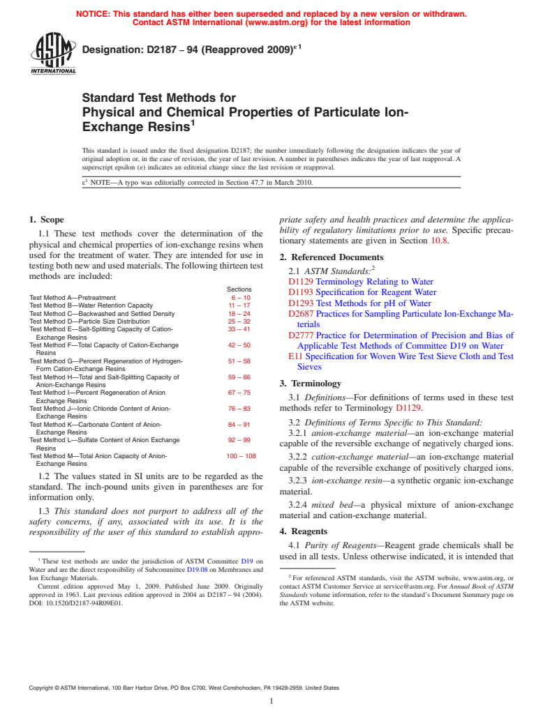 ASTM D2187-94(2009)e1 - Standard Test Methods for Physical and Chemical Properties of Particulate Ion-Exchange Resins