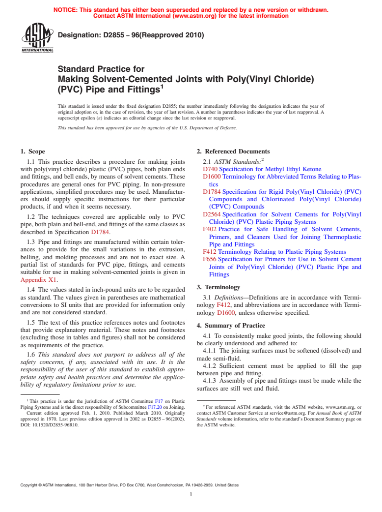 ASTM D2855-96(2010) - Standard Practice for Making Solvent-Cemented Joints with Poly(Vinyl Chloride) (PVC) Pipe and Fittings