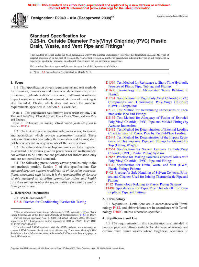 ASTM D2949-01a(2008)e1 - Standard Specification for 3.25-in. Outside Diameter Poly(Vinyl Chloride) (PVC) Plastic Drain, Waste, and Vent Pipe and Fittings