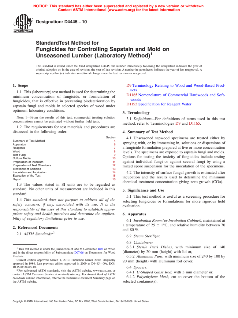 ASTM D4445-10 - Standard Test Method for Fungicides for Controlling Sapstain and Mold on Unseasoned Lumber (Laboratory Method)