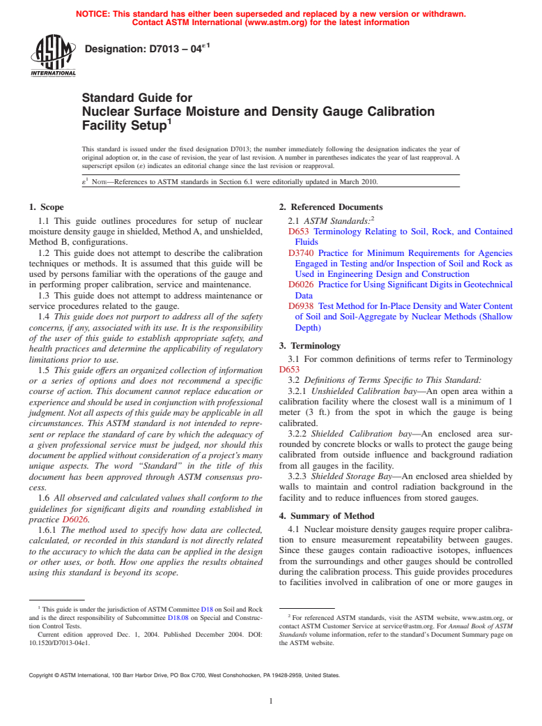 ASTM D7013-04e1 - Standard Guide for Nuclear Surface Moisture and Density Gauge Calibration Facility Setup