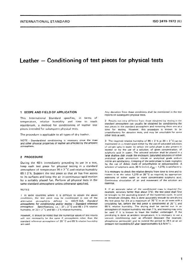 ISO 2419:1972 - Leather -- Conditioning of test pieces for physical tests