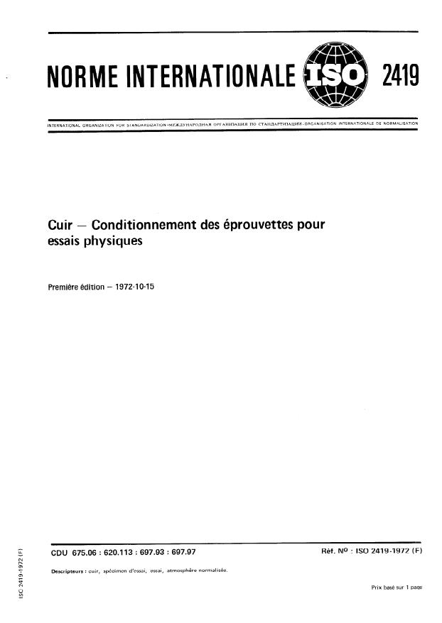ISO 2419:1972 - Cuir -- Conditionnement des éprouvettes pour essais physiques