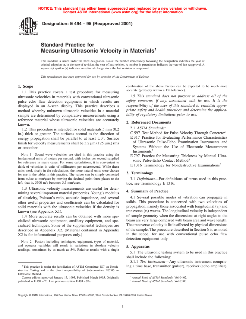 ASTM E494-95(2001) - Standard Practice for Measuring Ultrasonic Velocity in Materials