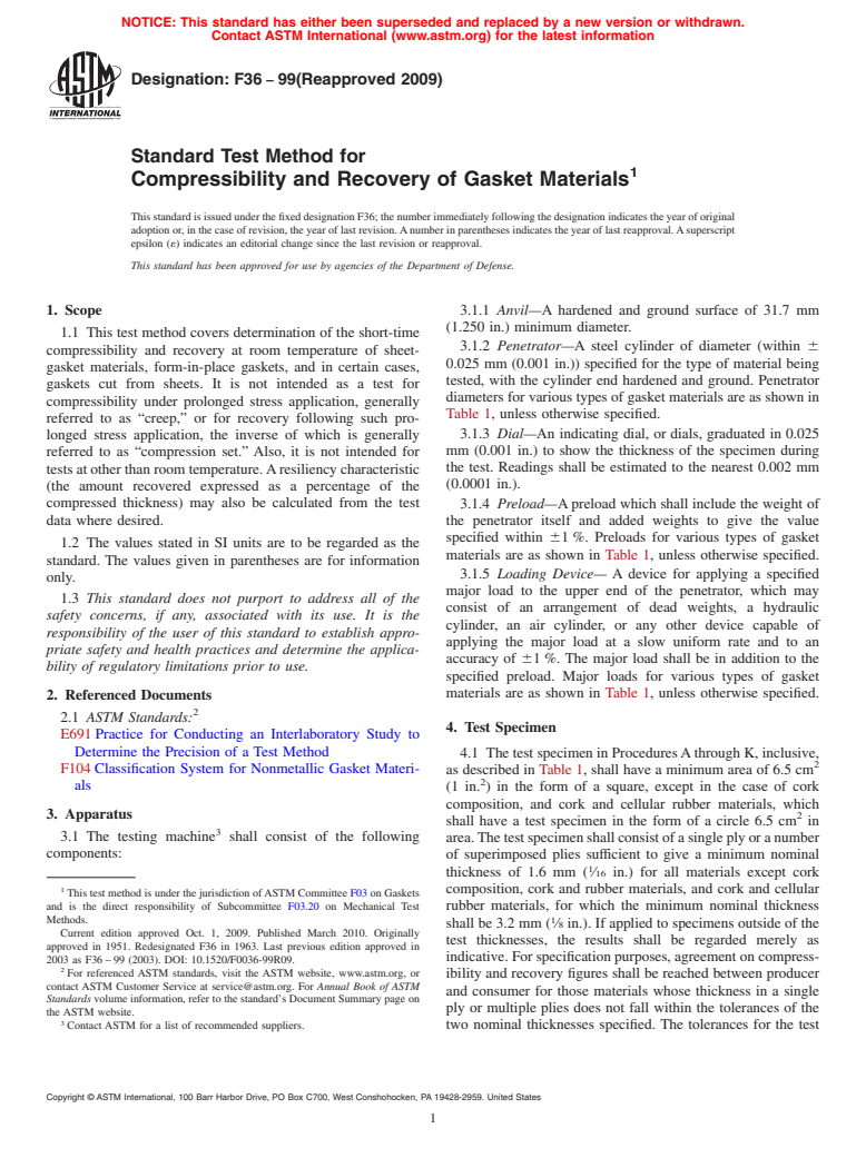 ASTM F36-99(2009) - Standard Test Method for Compressibility and Recovery of Gasket Materials