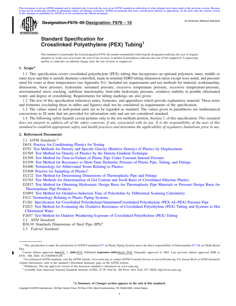 REDLINE ASTM F876-10 - Standard Specification for  Crosslinked Polyethylene (PEX) Tubing