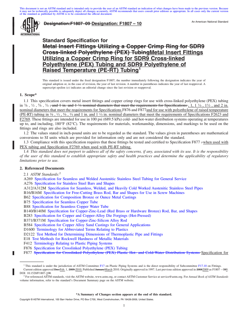 REDLINE ASTM F1807-10 - Standard Specification for  Metal Insert Fittings Utilizing a Copper Crimp Ring for SDR9 Cross-linked Polyethylene (PEX) Tubing and SDR9 Polyethylene of Raised Temperature (PE-RT) Tubing