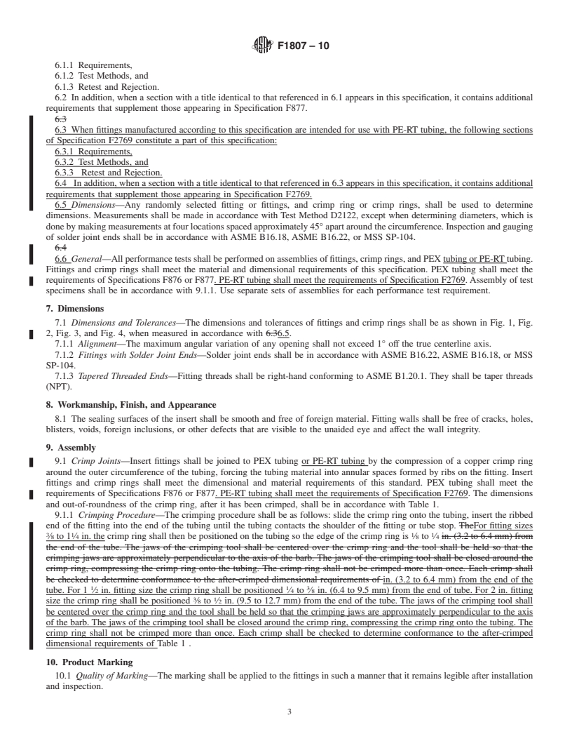 REDLINE ASTM F1807-10 - Standard Specification for  Metal Insert Fittings Utilizing a Copper Crimp Ring for SDR9 Cross-linked Polyethylene (PEX) Tubing and SDR9 Polyethylene of Raised Temperature (PE-RT) Tubing