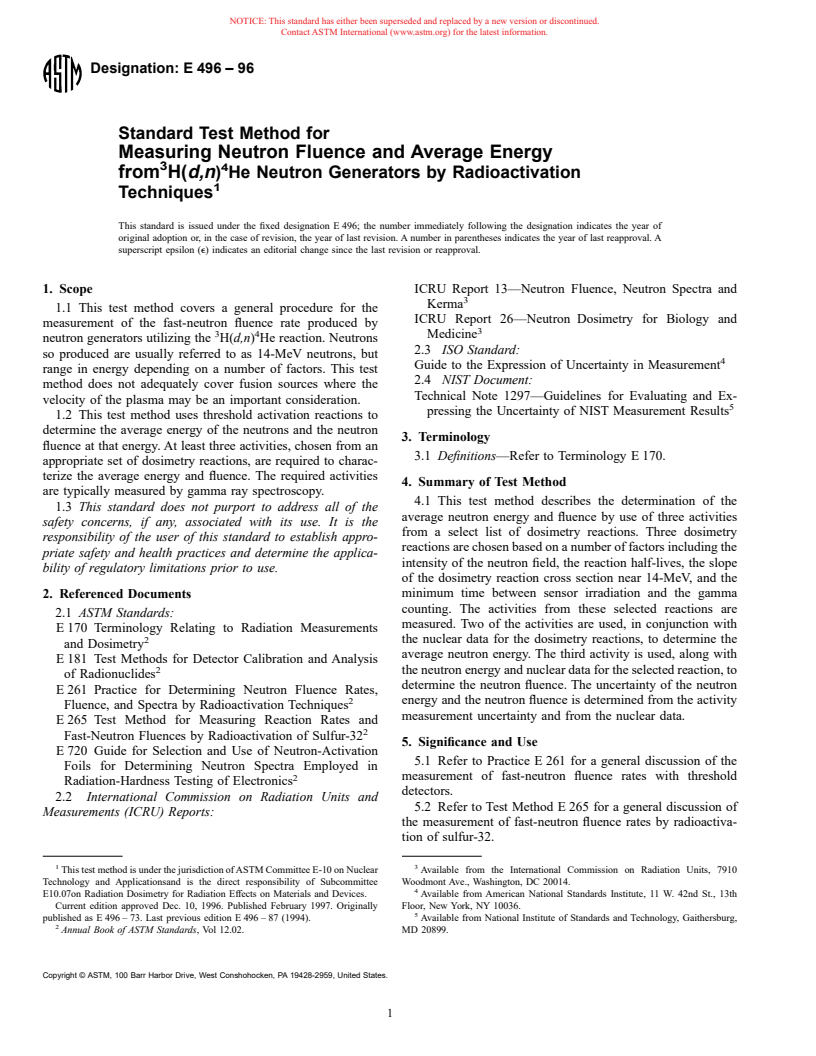 ASTM E496-96 - Standard Test Method for Measuring Neutron Fluence Rate and Average Energy From Neutron Generators by Radioactivation Techniques