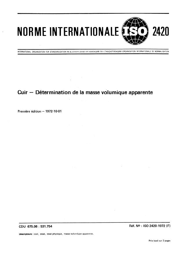 ISO 2420:1972 - Cuir -- Détermination de la masse volumique apparente