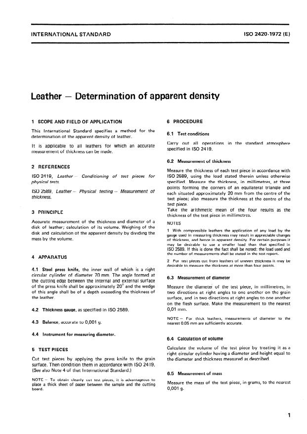 ISO 2420:1972 - Leather -- Determination of apparent density