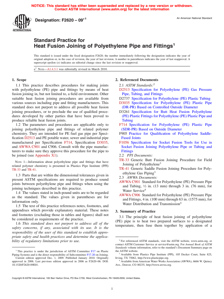 ASTM F2620-09e1 - Standard Practice for Heat Fusion Joining of Polyethylene Pipe and Fittings