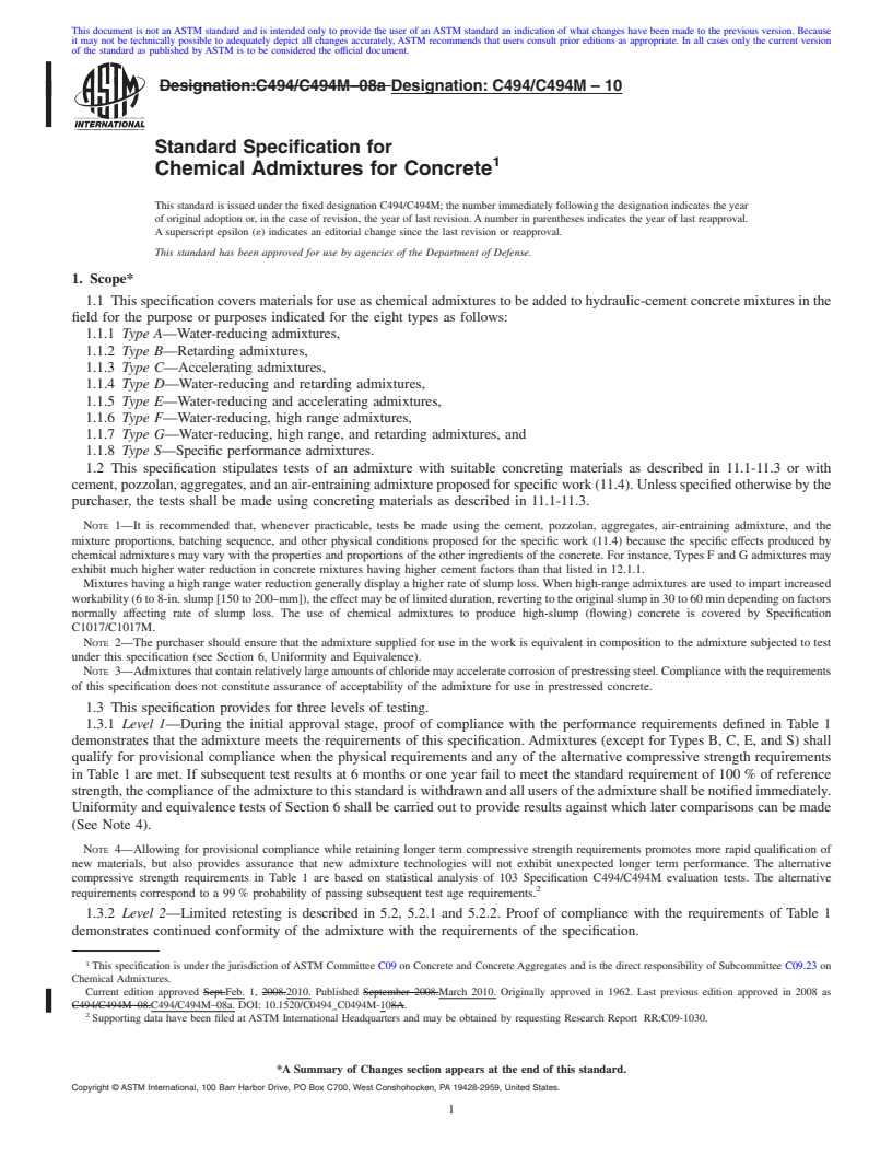 REDLINE ASTM C494/C494M-10 - Standard Specification for  Chemical Admixtures for Concrete