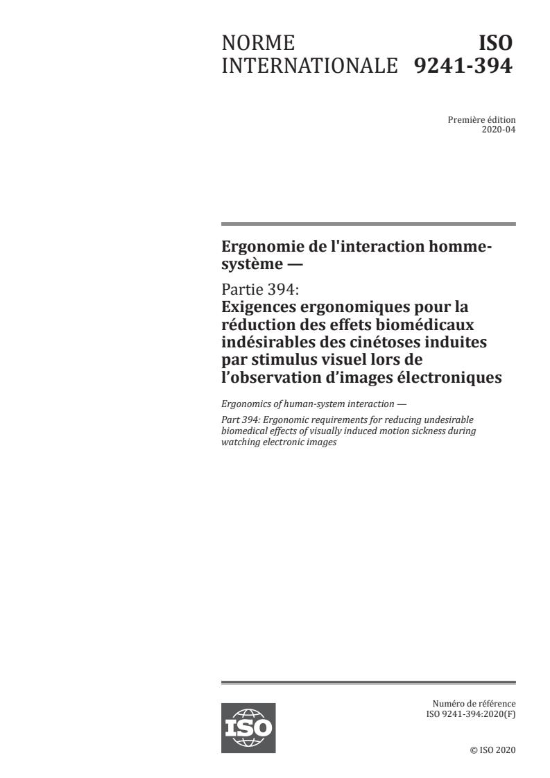 ISO 9241-394:2020 - Ergonomics of human-system interaction — Part 394: Ergonomic requirements for reducing undesirable biomedical effects of visually induced motion sickness during watching electronic images
Released:4/21/2022