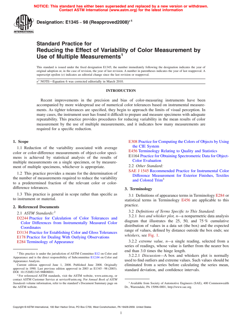 ASTM E1345-98(2008)e1 - Standard Practice for Reducing the Effect of Variability of Color Measurement by Use of Multiple    Measurements