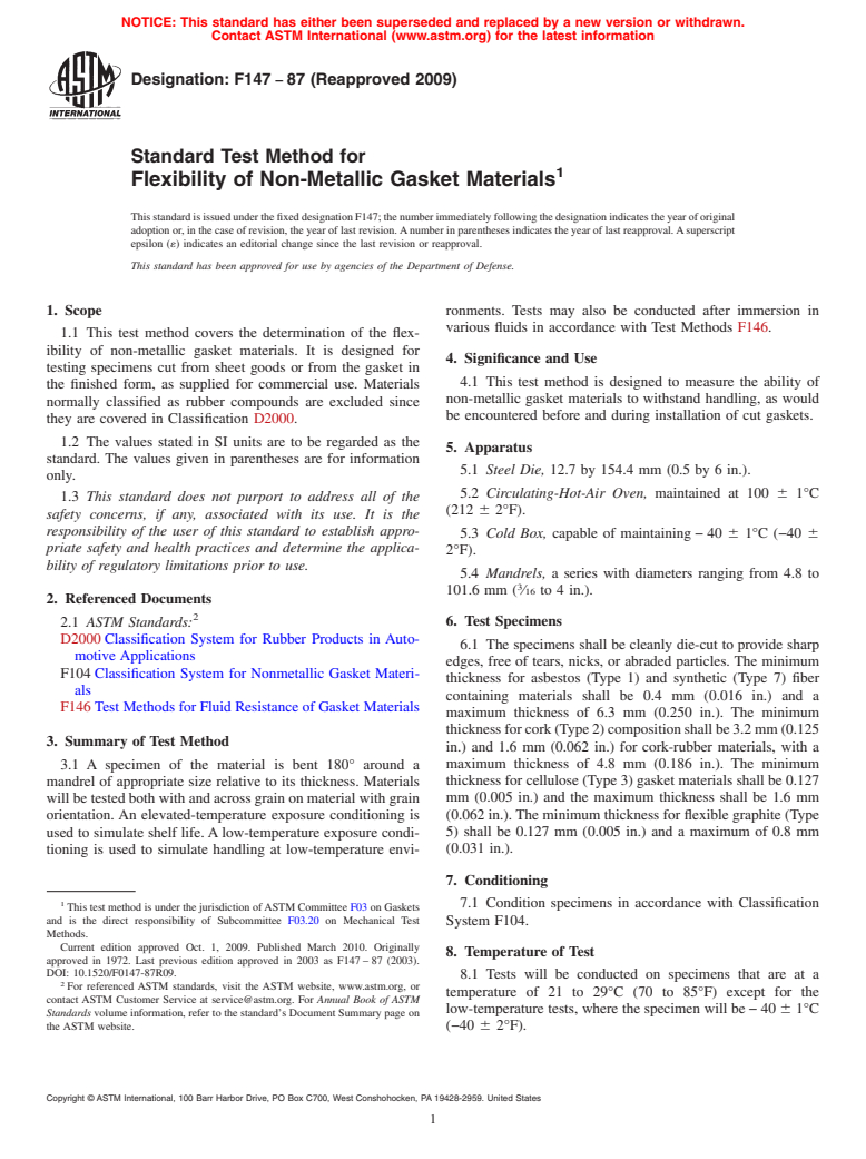 ASTM F147-87(2009) - Standard Test Method for Flexibility of Non-Metallic Gasket Materials